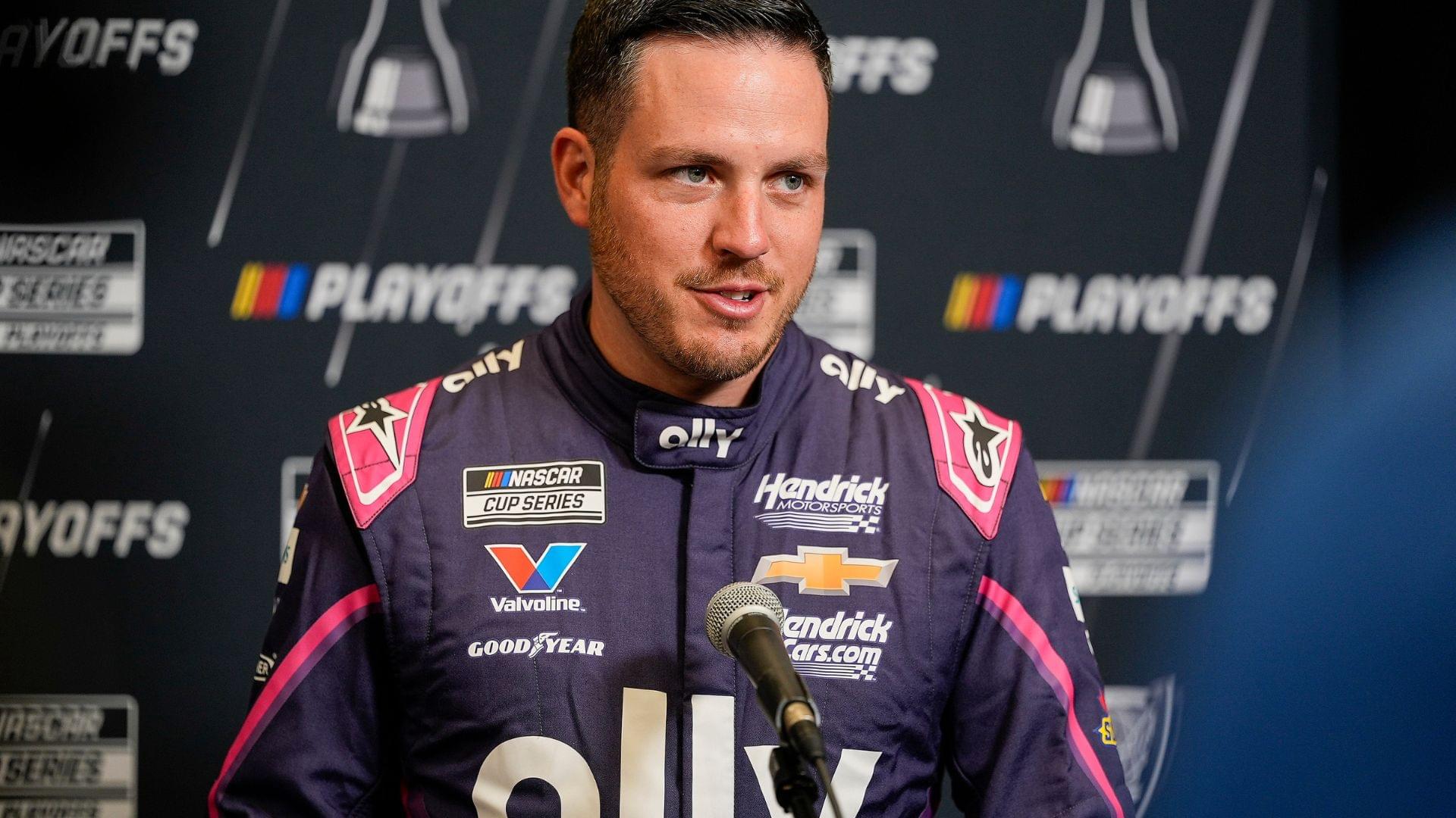Aug 27, 2025; Charlotte, NC, USA; Alex Bowman answers questions from the media during NASCAR Cup Series Playoff Media Day at Charlotte Convention Center.