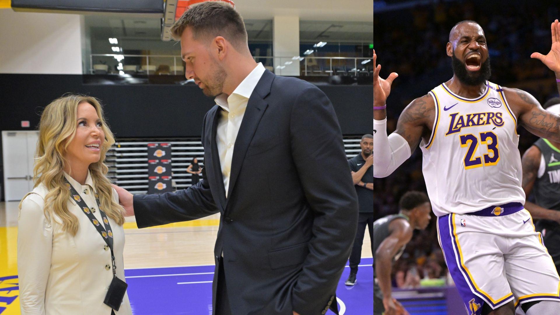 Jeanie Buss, Luka Doncic (L) and LeBron James (R)