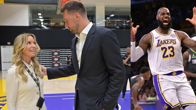 Jeanie Buss, Luka Doncic (L) and LeBron James (R)