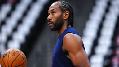 May 3, 2025; Denver, Colorado, USA; LA Clippers forward Kawhi Leonard (2) warms up before the game against the Denver Nuggets during game seven of first round for the 2025 NBA Playoffs at Ball Arena.