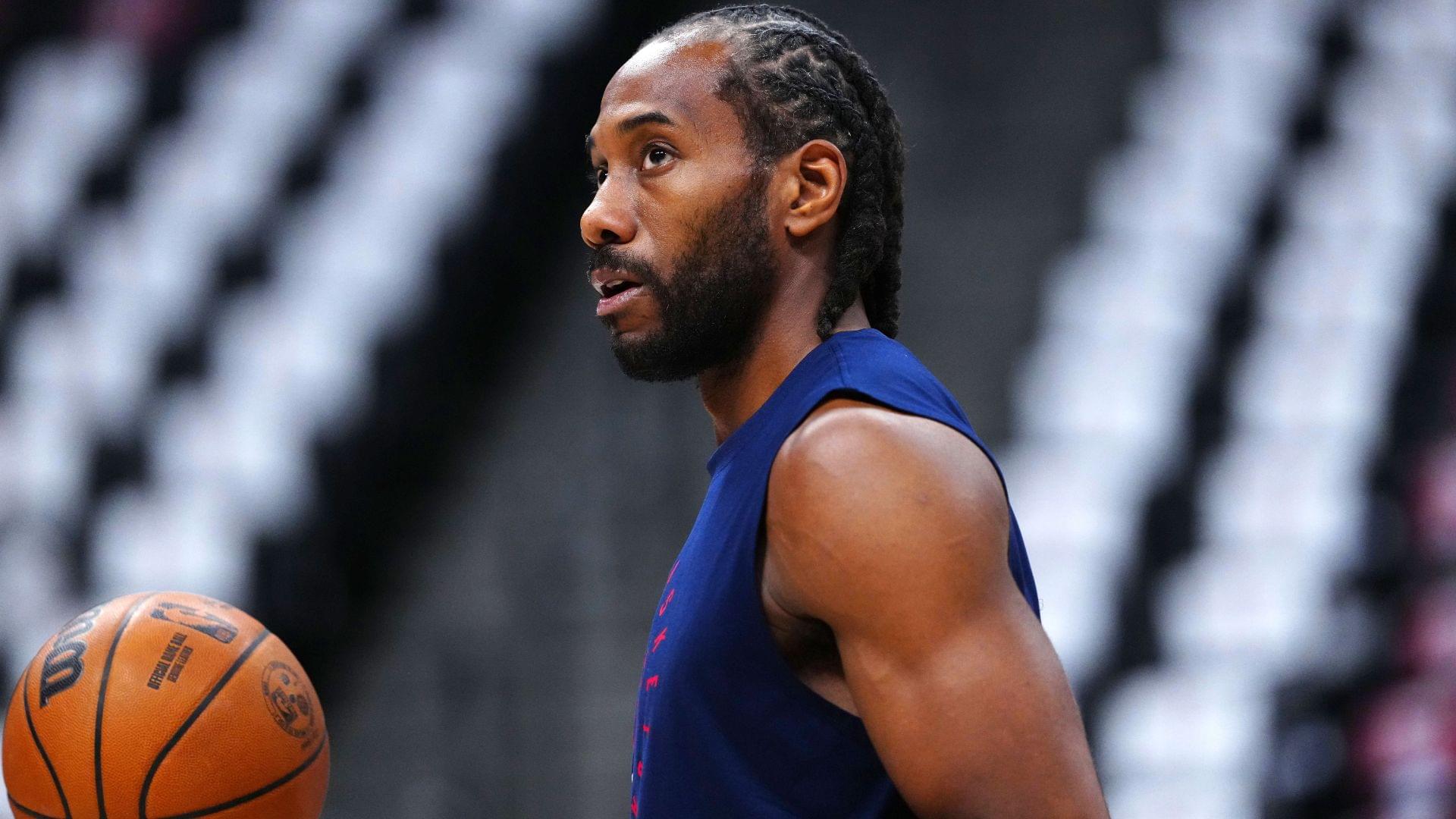 May 3, 2025; Denver, Colorado, USA; LA Clippers forward Kawhi Leonard (2) warms up before the game against the Denver Nuggets during game seven of first round for the 2025 NBA Playoffs at Ball Arena.