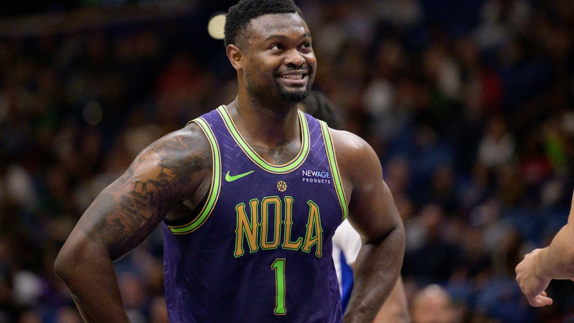 Mar 17, 2025; New Orleans, Louisiana, USA; New Orleans Pelicans forward Zion Williamson (1) reacts during the first half against the Detroit Pistons at Smoothie King Center.
