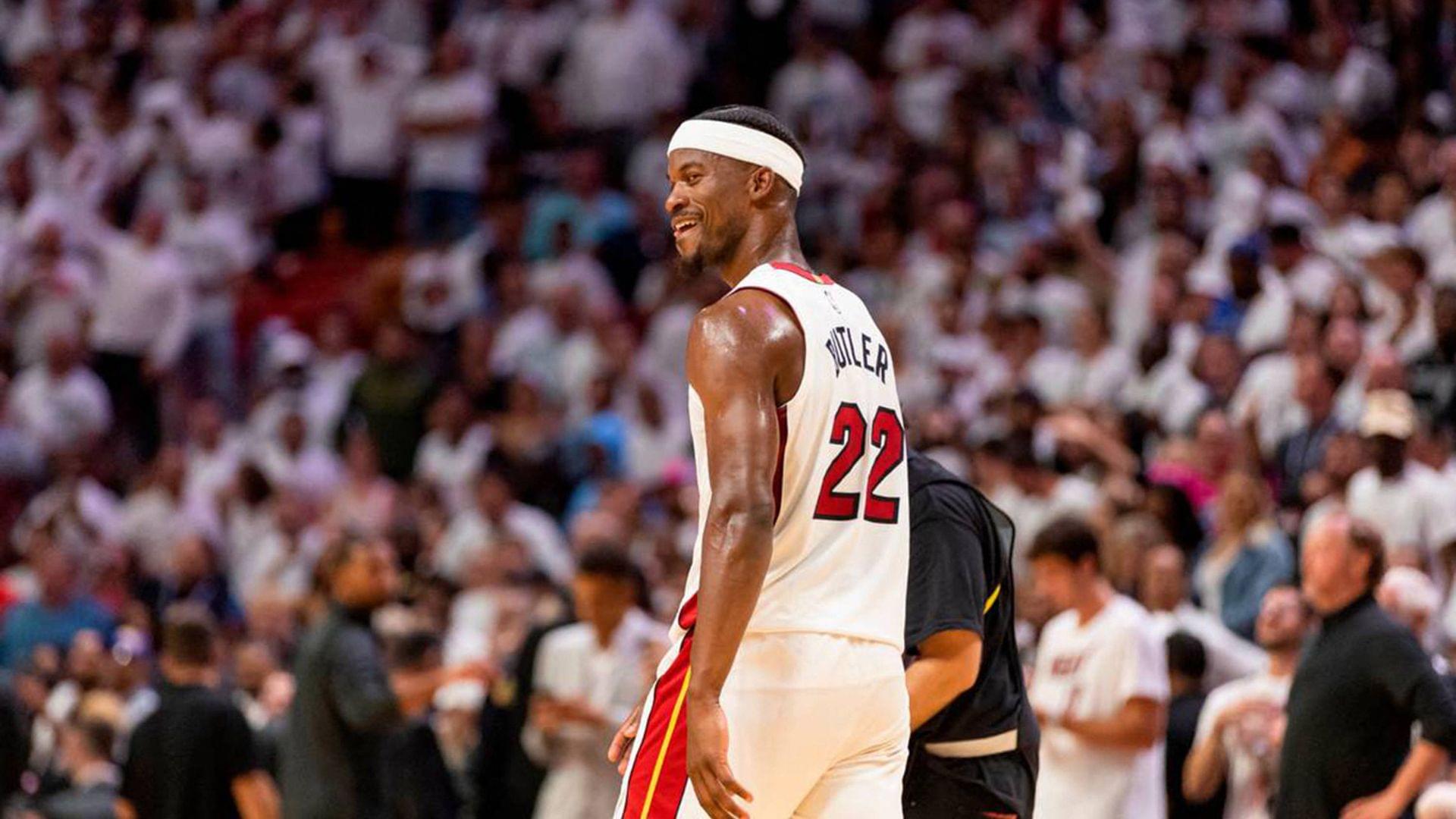 SPORTS-BKN-HEAT-BUTLER-MI Miami Heat forward Jimmy Butler (22) reacts on the court against the Milwaukee Bucks during the fourth quarter of Game Four of the first-round NBA playoffs at Kaseya Center on Monday, April 24, 2023