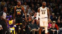 Los Angeles Lakers forward LeBron James (23) against Phoenix Suns forward Kevin Durant (35) during an NBA Cup game at Footprint Center.