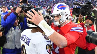 Baltimore Ravens quarterback Lamar Jackson (8) greets Buffalo Bills quarterback Josh Allen (17) following the game at New Era Field.