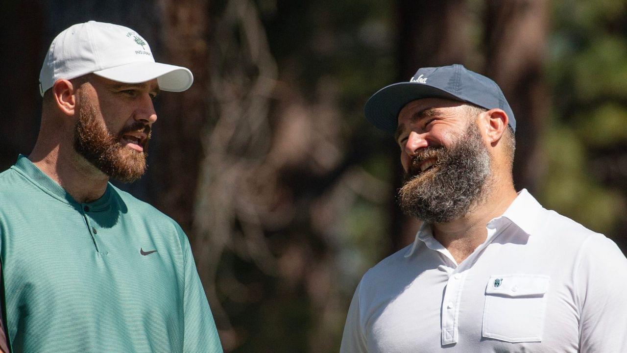 Travis Kelce and brother Jason Kelce talk on the 4th tee during the first round of the American Century Celebrity Championship golf tournament at Edgewood Tahoe Golf Course in Stateline, Nev.
