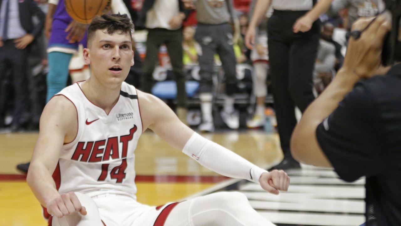 Miami Heat guard Tyler Herro (14) reacts after a play in the second quarter against the Charlotte Hornets on Wednesday