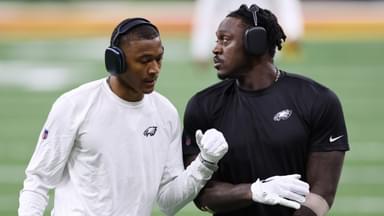 Philadelphia Eagles wide receiver DeVonta Smith (6) and wide receiver A.J. Brown (right) before Super Bowl LIX between the Philadelphia Eagles and the Kansas City Chiefs at Caesars Superdome.