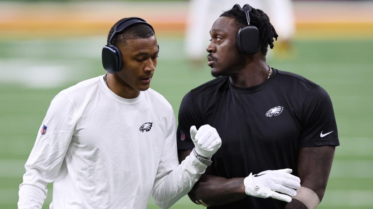 Philadelphia Eagles wide receiver DeVonta Smith (6) and wide receiver A.J. Brown (right) before Super Bowl LIX between the Philadelphia Eagles and the Kansas City Chiefs at Caesars Superdome.