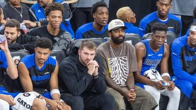 Dallas Mavericks Luka Doncic 77 and Kyrie Irving 11 watch from the bench during an NBA, Basketball