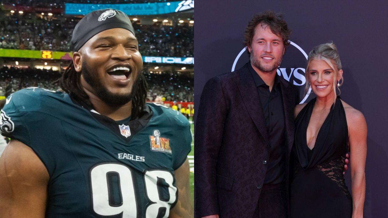 Jalen Carter (left), Matthew and Kelly Stafford (right)