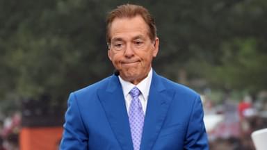 Nick Saban is on stage at ESPN College GameDay ahead of the University of Oklahoma-Michigan College football game on Sep 6, 2025 in Norman.