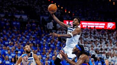 May 28, 2025; Oklahoma City, Oklahoma, USA; Minnesota Timberwolves guard Anthony Edwards (5) shoots the ball againts Oklahoma City Thunder forward Jaylin Williams (6) during the second quarter in game five of the western conference finals for the 2025 NBA Playoffs at Paycom Center.