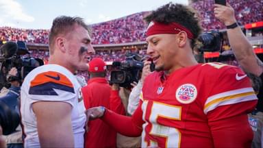 Denver Broncos quarterback Bo Nix (10) talks with Kansas City Chiefs quarterback Patrick Mahomes (15) after the game at GEHA Field at Arrowhead Stadium.