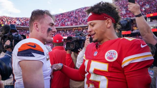 Denver Broncos quarterback Bo Nix (10) talks with Kansas City Chiefs quarterback Patrick Mahomes (15) after the game at GEHA Field at Arrowhead Stadium.