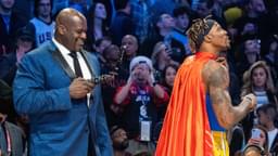 February 15, 2020; Chicago, Illinois, USA; NBA great Shaquille O'Neal (left) videotapes Los Angeles Lakers player Dwight Howard (right) in a Superman costume dedicated to the late Los Angeles Lakers great Kobe Bryant during NBA All Star Saturday Night at United Center.