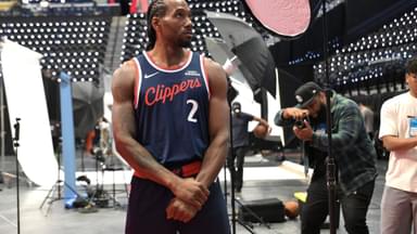 Sep 29, 2025; Inglewood, CA, USA; Los Angeles Clippers forward Kawhi Leonard (2) poses during media day at Intuit Dome.