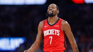 Oct 21, 2025; Oklahoma City, Oklahoma, USA; Houston Rockets forward Kevin Durant (7) smiles after a play against the Oklahoma City Thunder during the first half at Paycom Center.