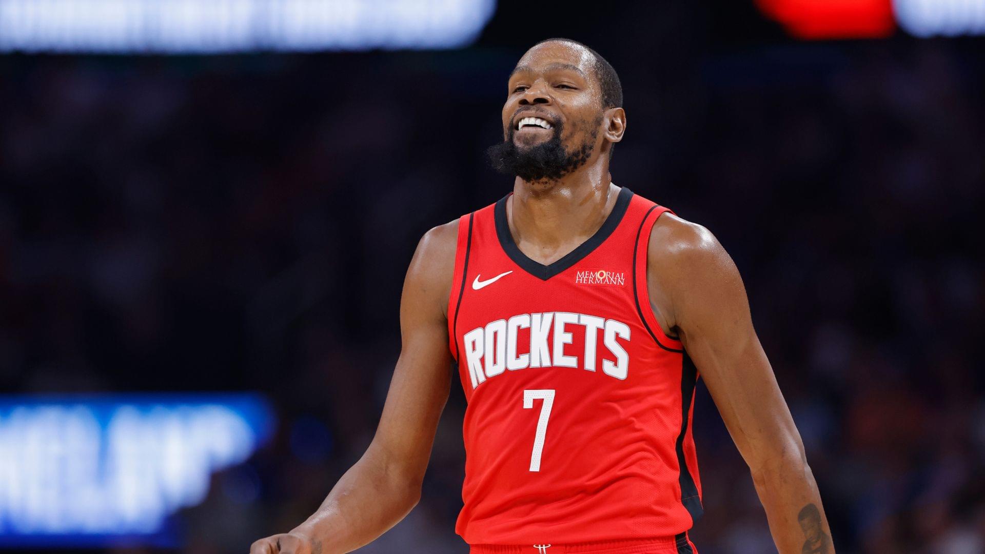 Oct 21, 2025; Oklahoma City, Oklahoma, USA; Houston Rockets forward Kevin Durant (7) smiles after a play against the Oklahoma City Thunder during the first half at Paycom Center.