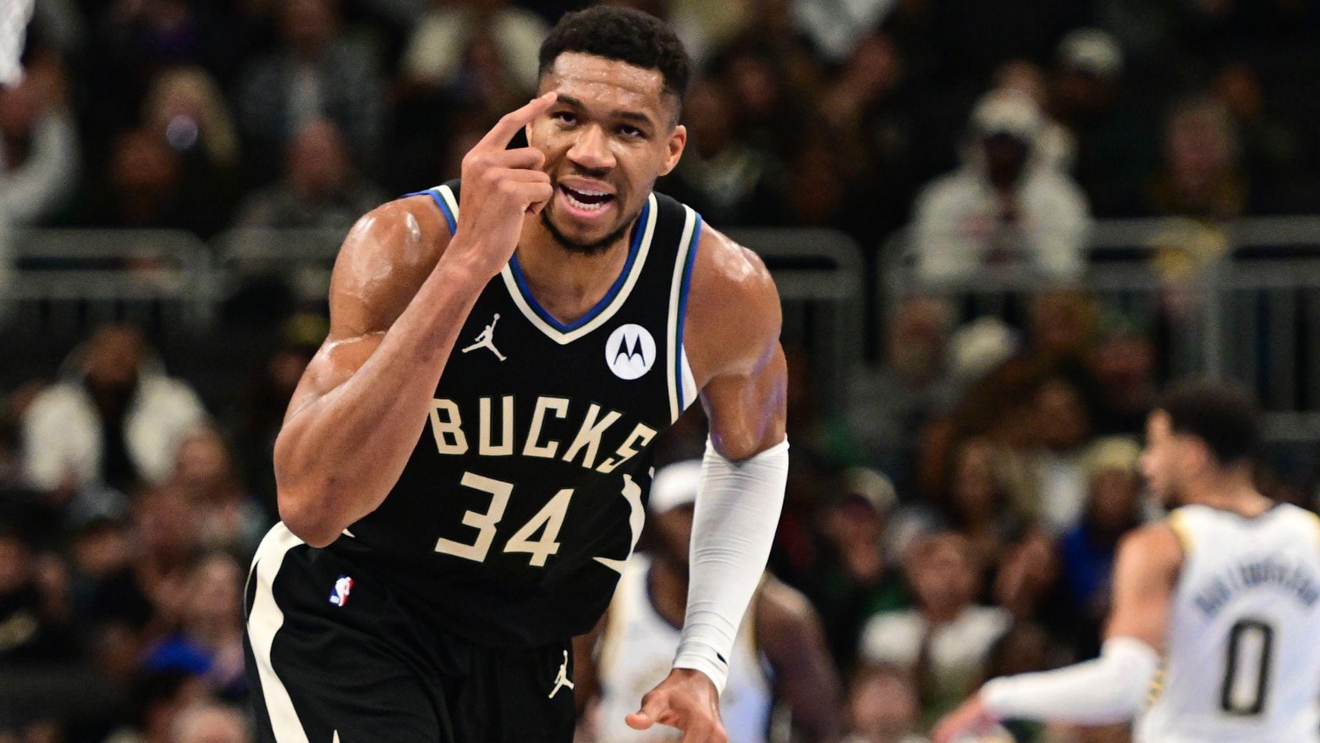 Nov 22, 2024; Milwaukee, Wisconsin, USA; Milwaukee Bucks forward Giannis Antetokounmpo (34) reacts in the second quarter against the Indiana Pacers at Fiserv Forum