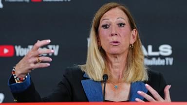 Oct 3, 2025; Las Vegas, Nevada, USA; WNBA Commissioner Cathy Engelbert talks during a presser before the start of game one of the 2025 WNBA Finals between the Phoenix Mercury and the Las Vegas Aces at Michelob Ultra Arena.