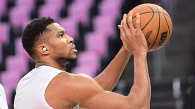 Oct 28, 2025; Milwaukee, Wisconsin, USA; Milwaukee Bucks forward Giannis Antetokounmpo (34) warms up before game against the New York Knicks at Fiserv Forum