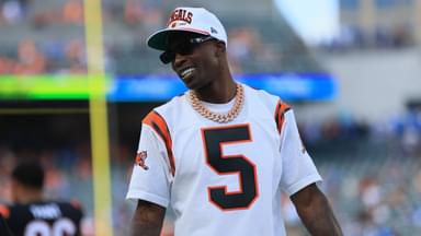 Former Cincinnati Bengals wide receiver Chad Johnson walks on the field prior to a game against the Detroit Lions at Paycor Stadium.