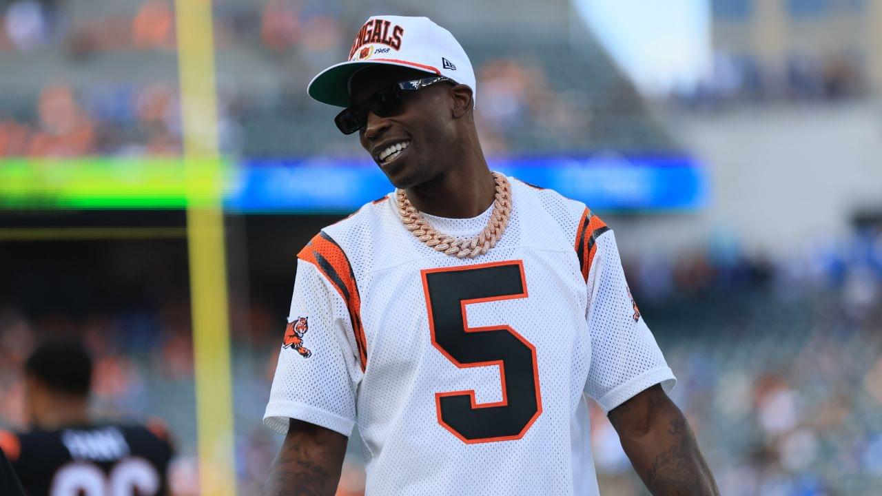 Former Cincinnati Bengals wide receiver Chad Johnson walks on the field prior to a game against the Detroit Lions at Paycor Stadium.