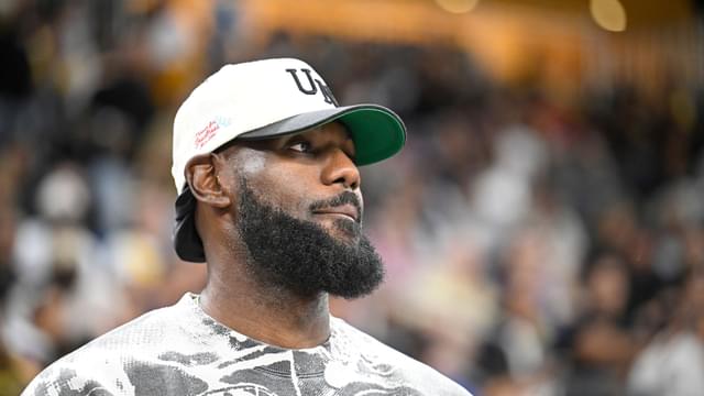 Oct 3, 2025; Palm Desert, California, USA; Lebron James looks on during the first half against the Phoenix Suns at Acrisure Arena