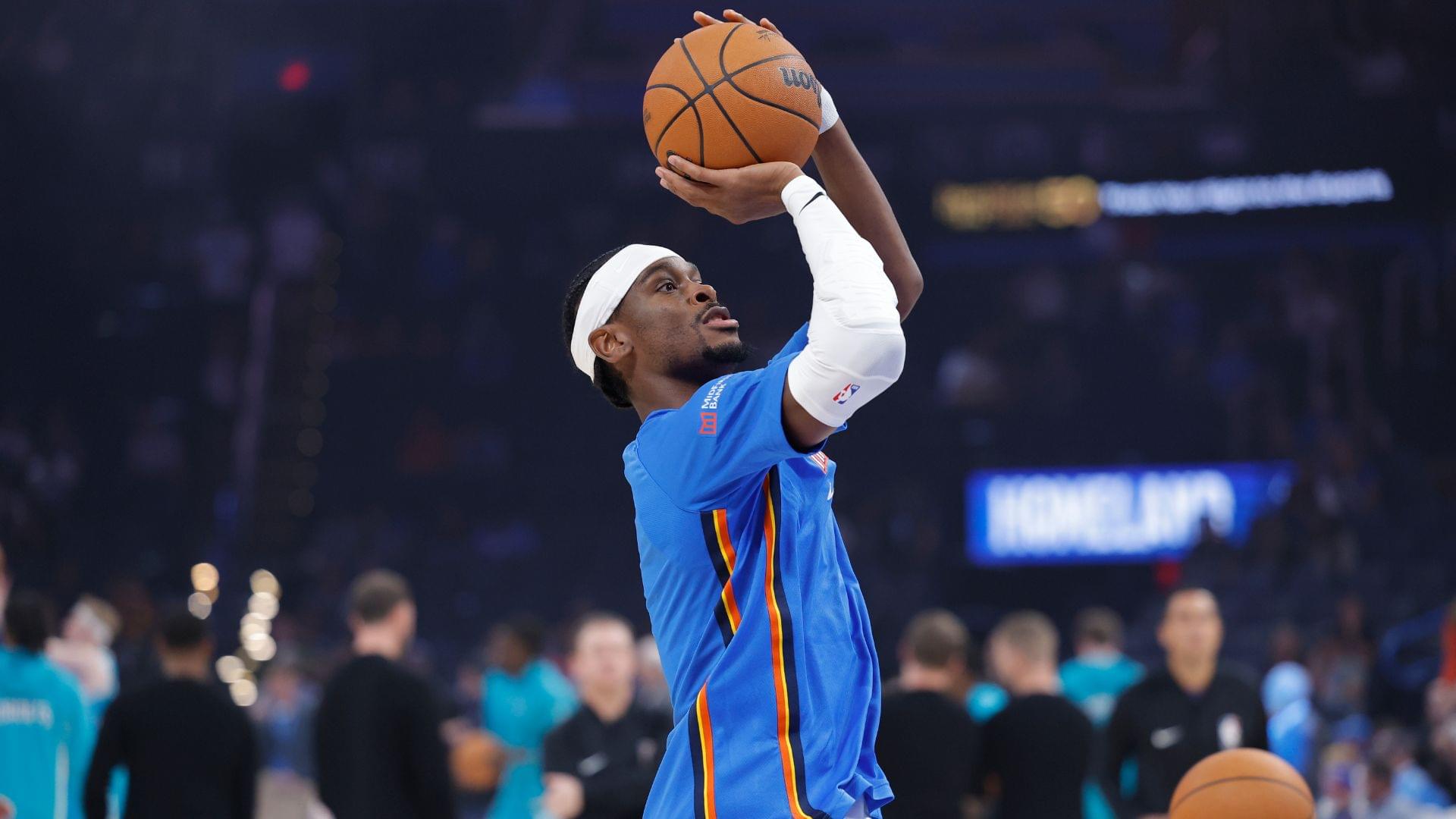 Oct 9, 2025; Oklahoma City, Oklahoma, USA; Oklahoma City Thunder guard Shai Gilgeous-Alexander warms up before the start of a game between the Charlotte Hornets and the Oklahoma City Thunder at Paycom Center.