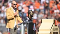 Former Cleveland Browns offensive tackle Joe Thomas speaks during halftime while being enshrined in the Browns Ring of Honor at Cleveland Browns Stadium. The Browns lost to Baltimore.