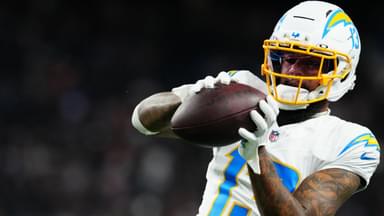 Los Angeles Chargers wide receiver Keenan Allen (13) warms up before the game against the Las Vegas Raiders at Allegiant Stadium.