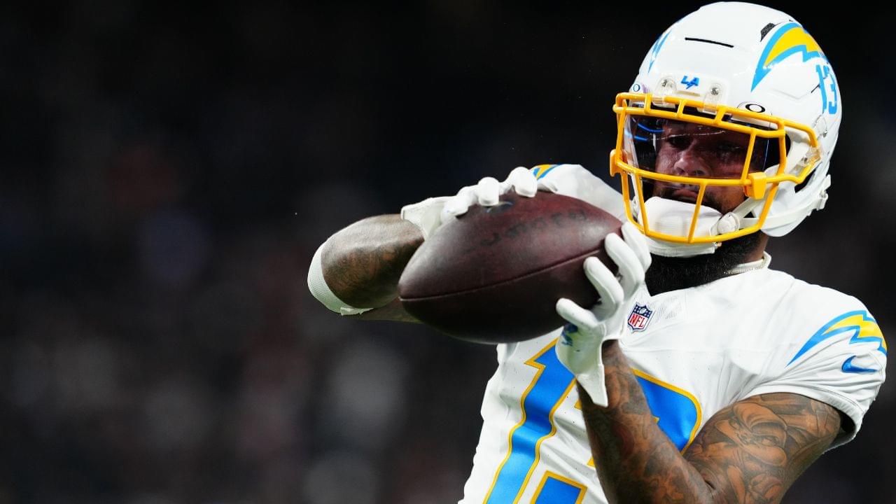 Los Angeles Chargers wide receiver Keenan Allen (13) warms up before the game against the Las Vegas Raiders at Allegiant Stadium.