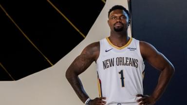 New Orleans Pelicans forward Zion Williamson (1) poses during media day at Ochsner Sports Performance Center.