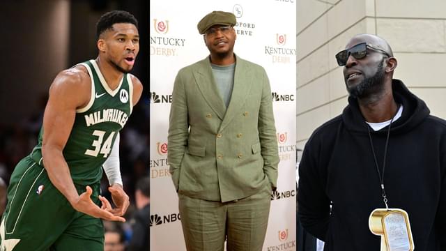 (L-R) Giannis Antetokounmpo, Carmelo Anthony, Kevin Garnett