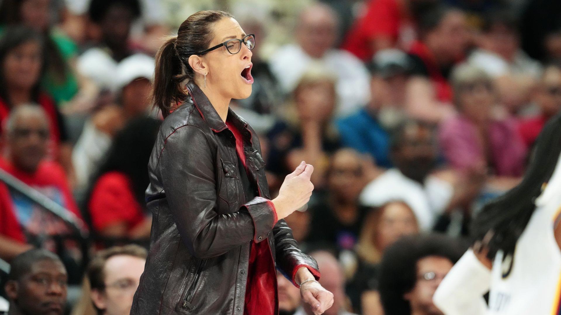 Sep 30, 2025; Las Vegas, Nevada, USA; Indiana Fever head coach Stephanie White reacts to play by the Las Vegas Aces during the third quarter of game five of the second round for the 2025 WNBA Playoffs at Michelob Ultra Arena.