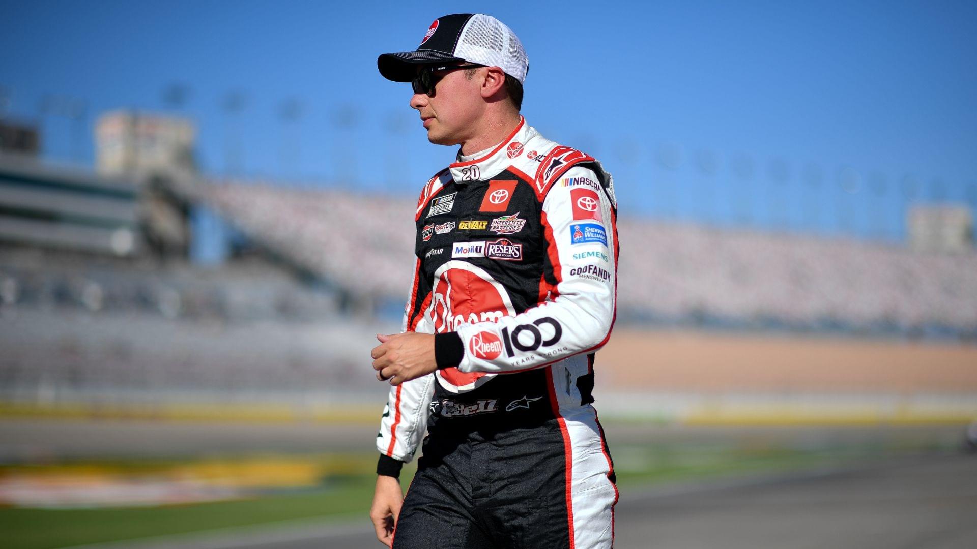Oct 11, 2025; Las Vegas, Nevada, USA; NASCAR Cup Series driver Christopher Bell (20) during qualifying for the South Point 400 at Las Vegas Motor Speedway