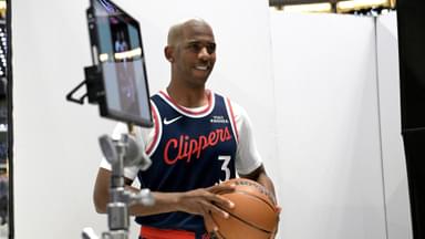 Sep 29, 2025; Inglewood, CA, USA; Los Angeles Clippers guard Chris Paul (3) poses during media day at Intuit Dome