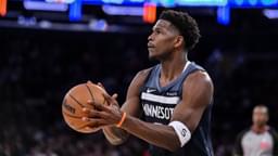 Oct 9, 2025; New York, New York, USA; Minnesota Timberwolves guard Anthony Edwards (5) shoots the ball against the New York Knicks during the first half at Madison Square Garden.