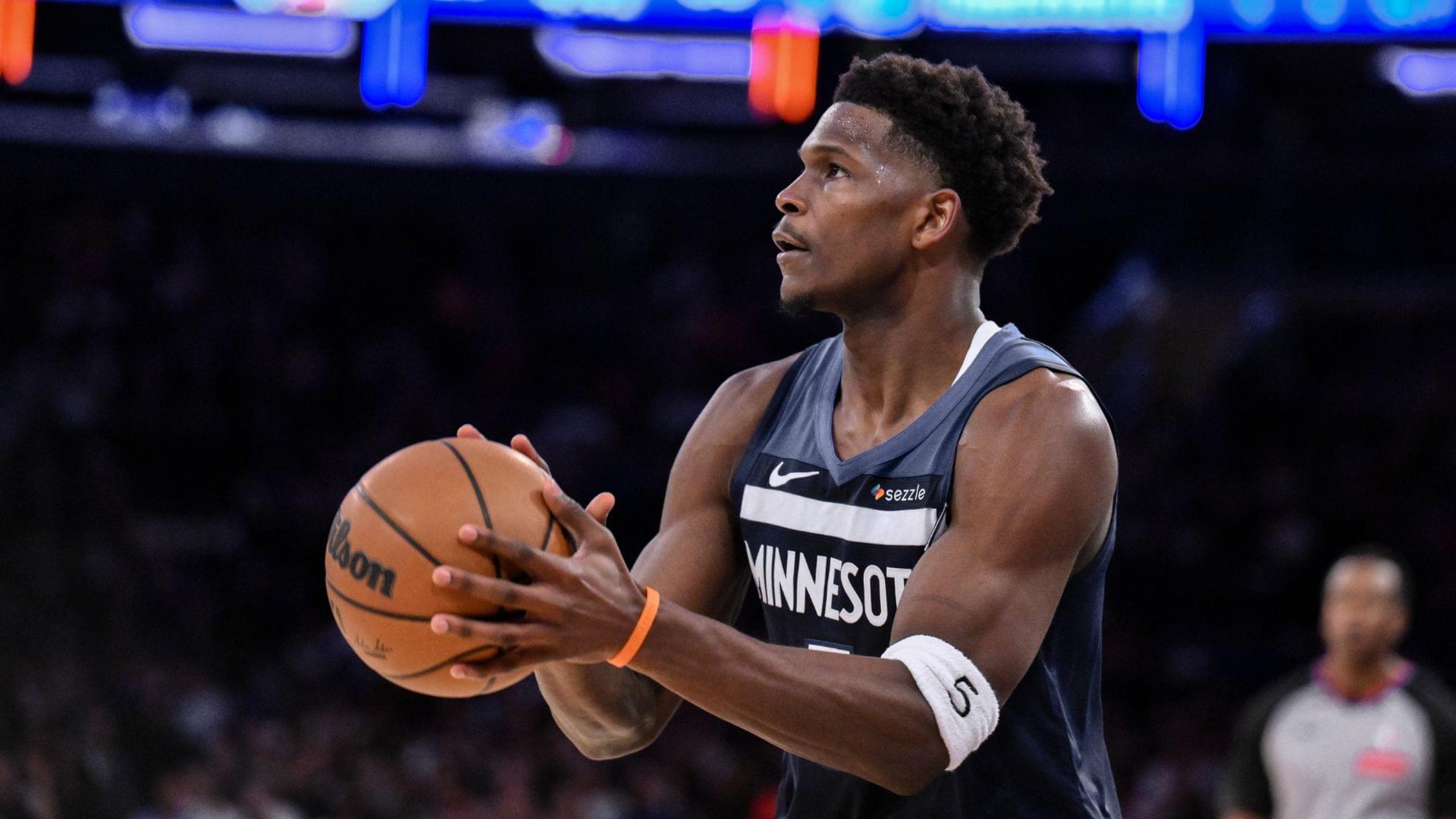 Oct 9, 2025; New York, New York, USA; Minnesota Timberwolves guard Anthony Edwards (5) shoots the ball against the New York Knicks during the first half at Madison Square Garden.