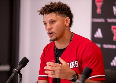 Texas Tech alum and Kansas City Chiefs quarterback Patrick Mahomes attends a press conference at Jones AT&amp;T Stadium, Friday, August 23, 2024.