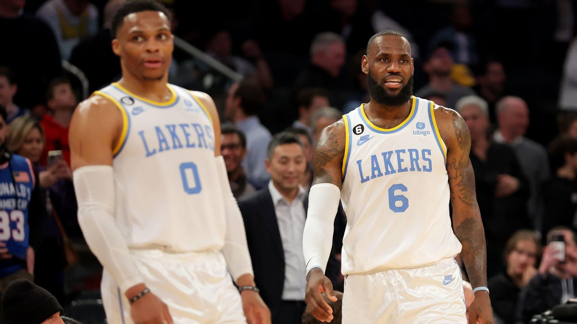 Jan 31, 2023; New York, New York, USA; Los Angeles Lakers forward LeBron James (6) and guard Russell Westbrook (0) react during overtime against the New York Knicks at Madison Square Garden