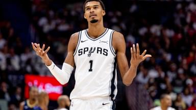 Oct 24, 2025; New Orleans, Louisiana, USA; San Antonio Spurs forward/center Victor Wembanyama (1) reacts to being fouled by New Orleans Pelicans center Derik Queen (not pictured) during the second half at Smoothie King Center.