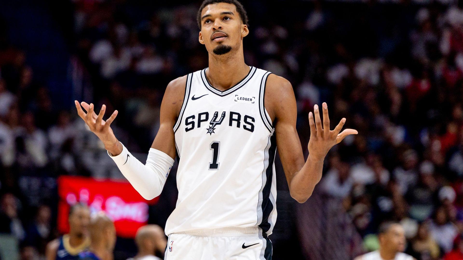 Oct 24, 2025; New Orleans, Louisiana, USA; San Antonio Spurs forward/center Victor Wembanyama (1) reacts to being fouled by New Orleans Pelicans center Derik Queen (not pictured) during the second half at Smoothie King Center.
