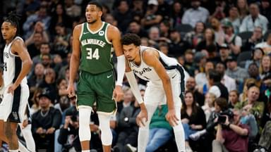 Jan 31, 2025; San Antonio, Texas, USA; Milwaukee Bucks forward Giannis Antetokounmpo (34) and San Antonio Spurs center Victor Wembanyama (1) during the first half at Frost Bank Center. Mandatory Credit: Scott Wachter-Imagn Images