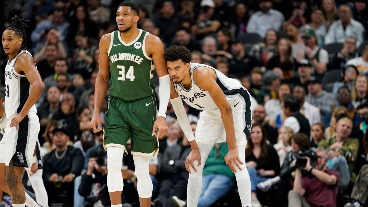 Jan 31, 2025; San Antonio, Texas, USA; Milwaukee Bucks forward Giannis Antetokounmpo (34) and San Antonio Spurs center Victor Wembanyama (1) during the first half at Frost Bank Center. Mandatory Credit: Scott Wachter-Imagn Images