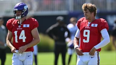 Minnesota Vikings quarterback J.J. McCarthy (9) and quarterback Sam Darnold (14) warm up during practice at Vikings training camp in Eagan, MN
