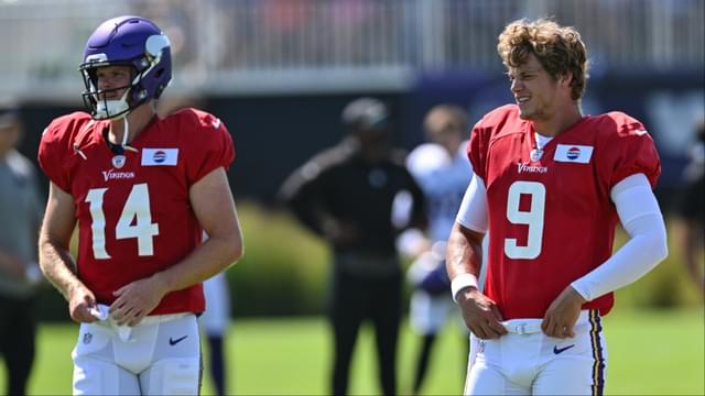 Minnesota Vikings quarterback J.J. McCarthy (9) and quarterback Sam Darnold (14) warm up during practice at Vikings training camp in Eagan, MN