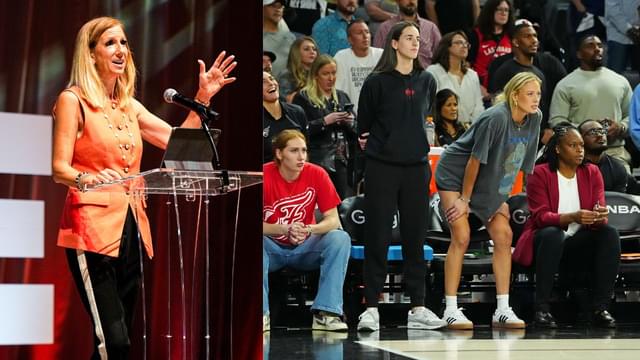 (L) Cathy Engelbert (R) Caitlin Clark and Sophie Cunningham