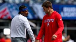 New England Patriots quarterback Drake Maye (10) and New England Patriots wide receiver Stefon Diggs (8) before the game against the Pittsburgh Steelers at Gillette Stadium.